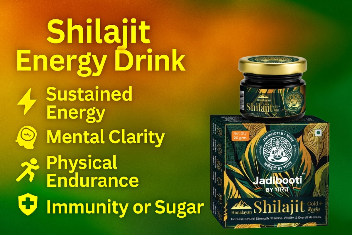 “Promotional graphic for Shilajit Energy Drink featuring a bold yellow title and five key benefits—Sustained Energy, Mental Clarity, Physical Endurance, Immunity Support, and No Caffeine or Sugar—on a vibrant orange-to-green gradient background.”